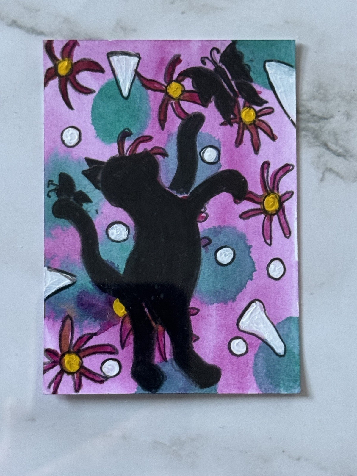 Aceo Original Art Trading Card, pink and playful, black cat, Art By Sommer Rayn