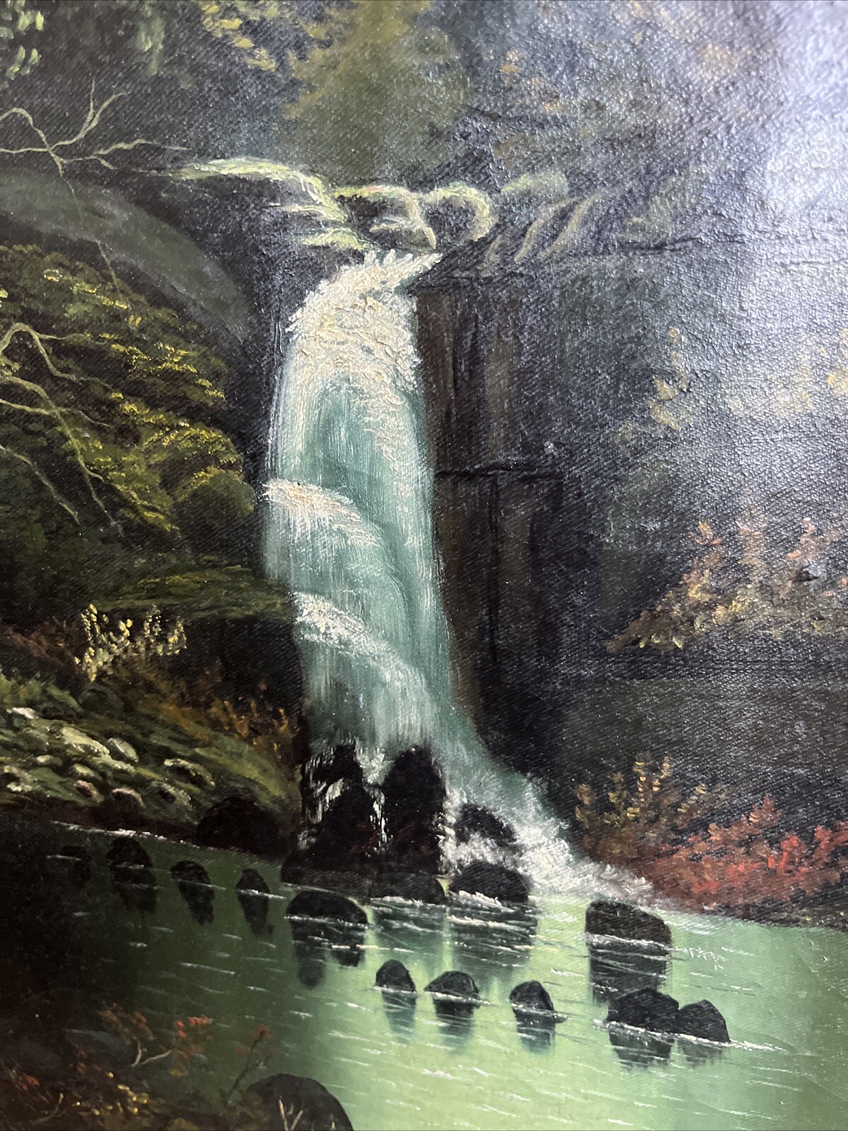 19th Century Beautiful Landscape Waterfall Oil Painting On Canvas Unsigned