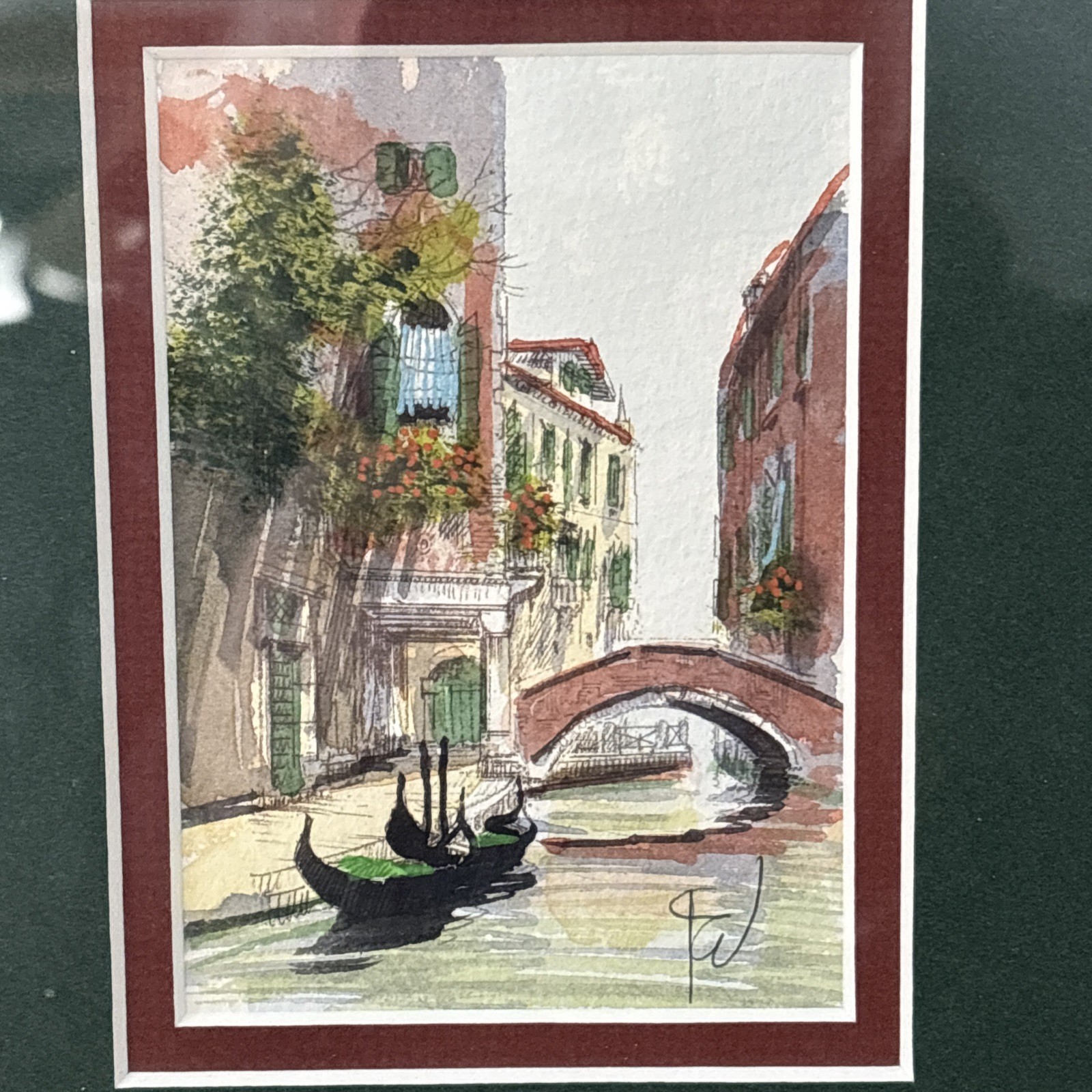 Venice Paintings Pair Signed Watercolor Gold Frame Vintage Canal Gondolier