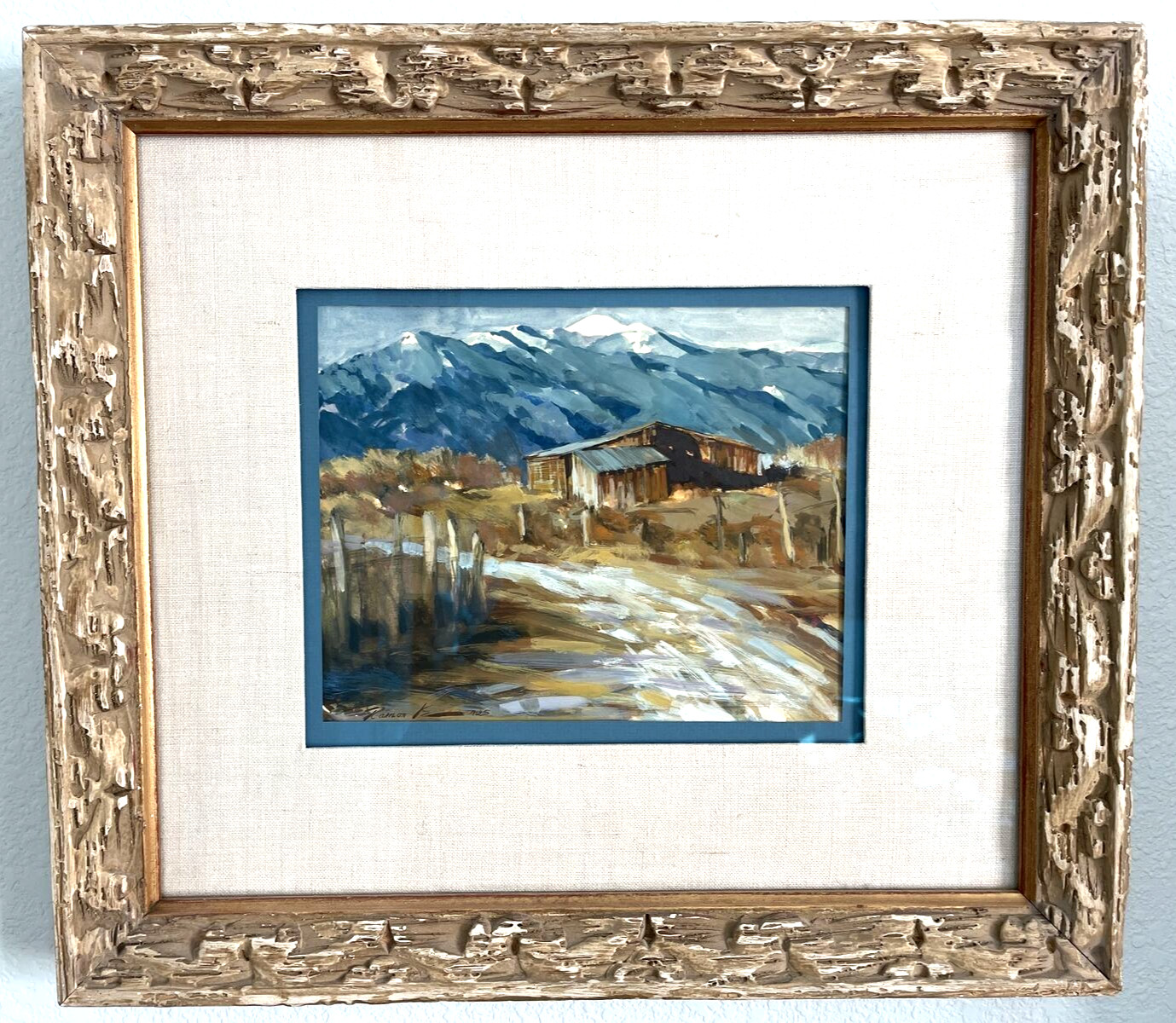 Ramon Kelley «Taos Mountains» Original Gouache – Framed – Mountains Outbuildings