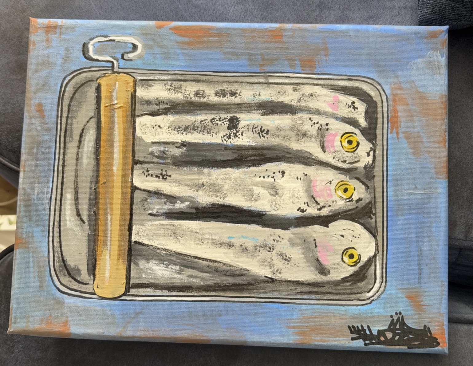 9 X 12 Acrylic Painted SHORTIEZ INK Sardines Deco Art Fish Can Fall Out Prep