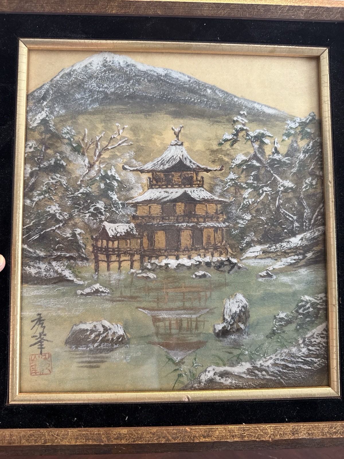Vintage Japanese Hand Painted Snow Temple Landscape Signed Shuho Sealed Framed