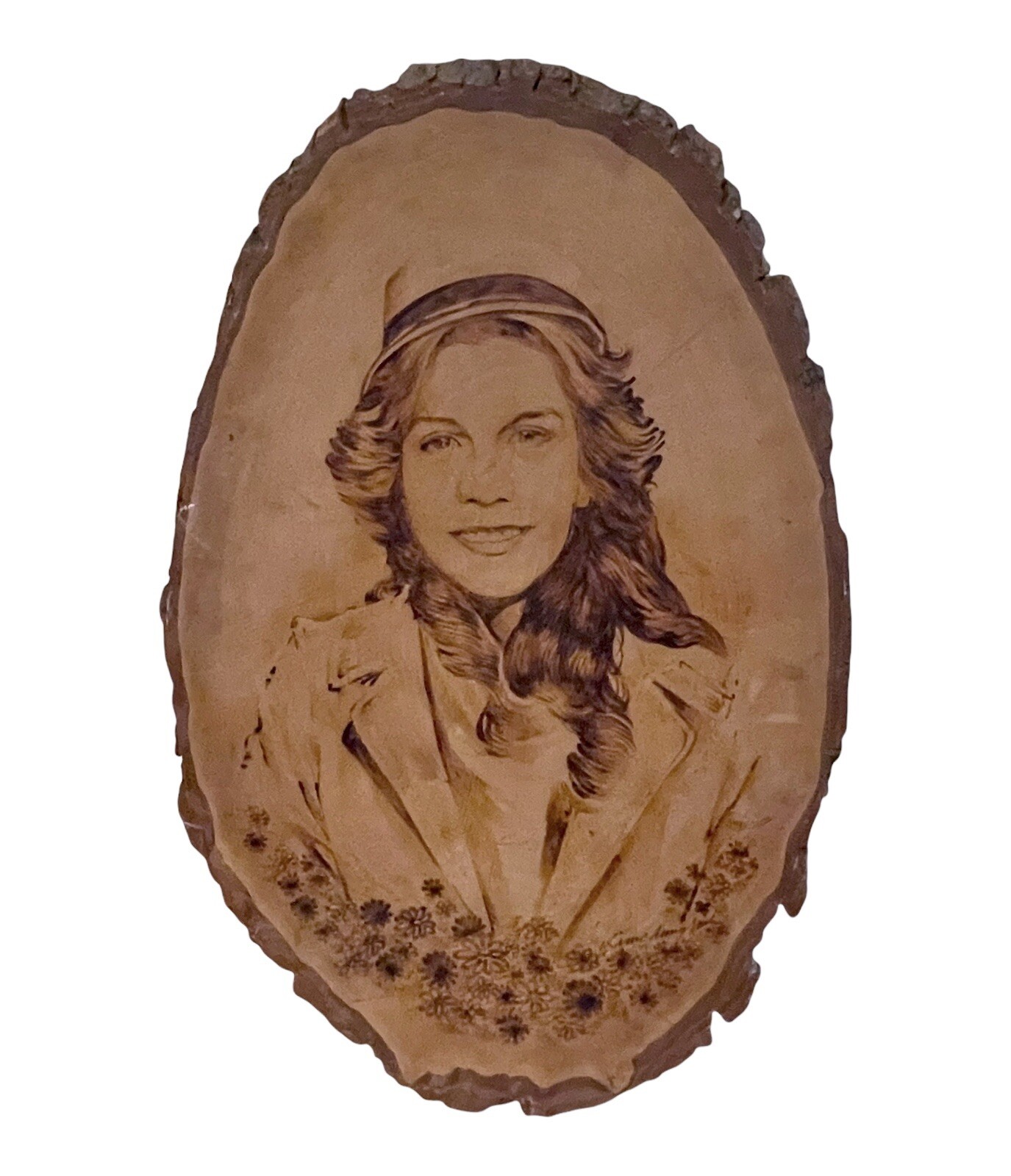 1970s Signed Portrait Burn Etching PAINTING On Live Edge Tree Wood Slab 27 X 17”