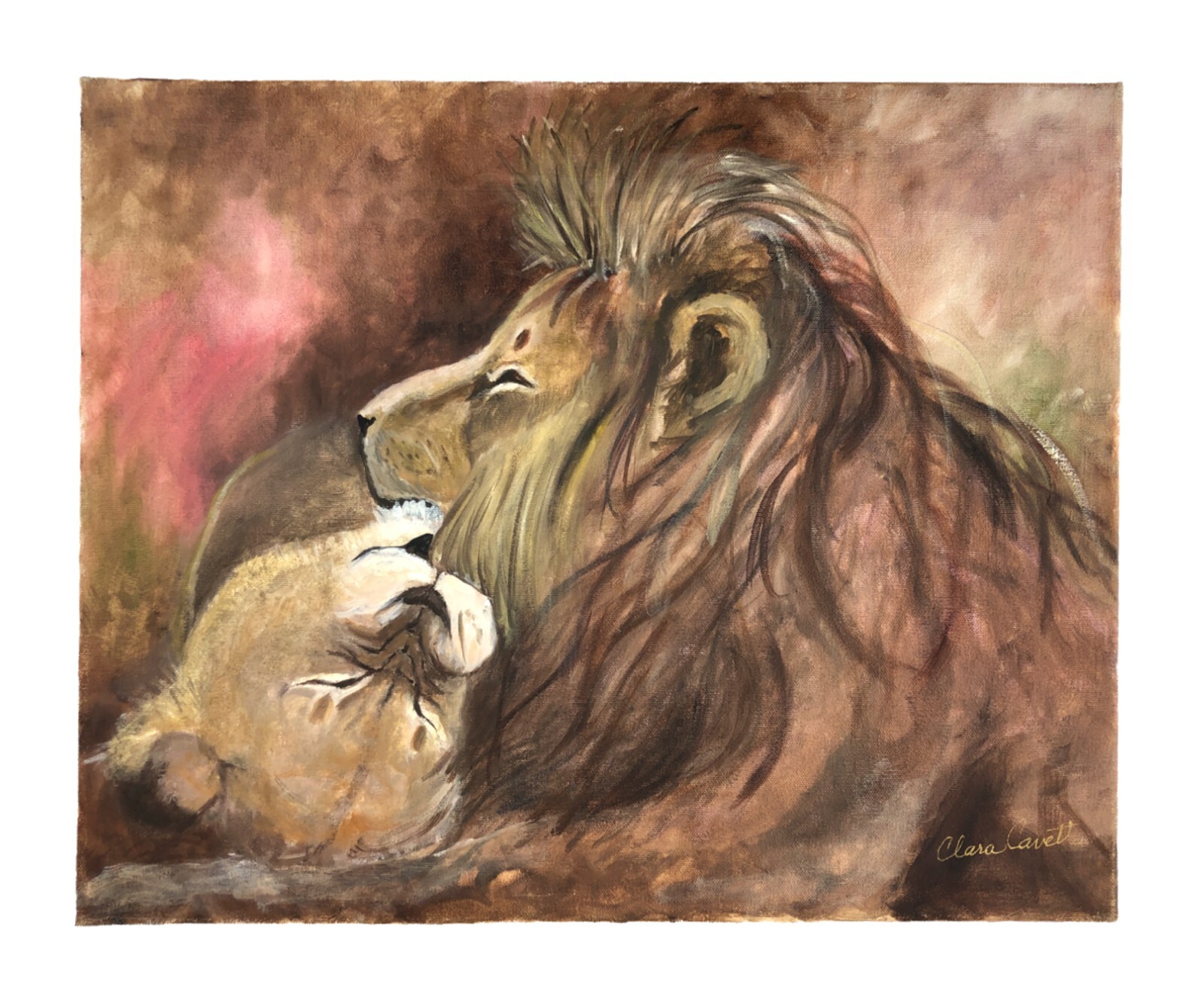 Clara Cavett Oklahoma Amatuer Artist Oil Painting Male Female Lions Signed