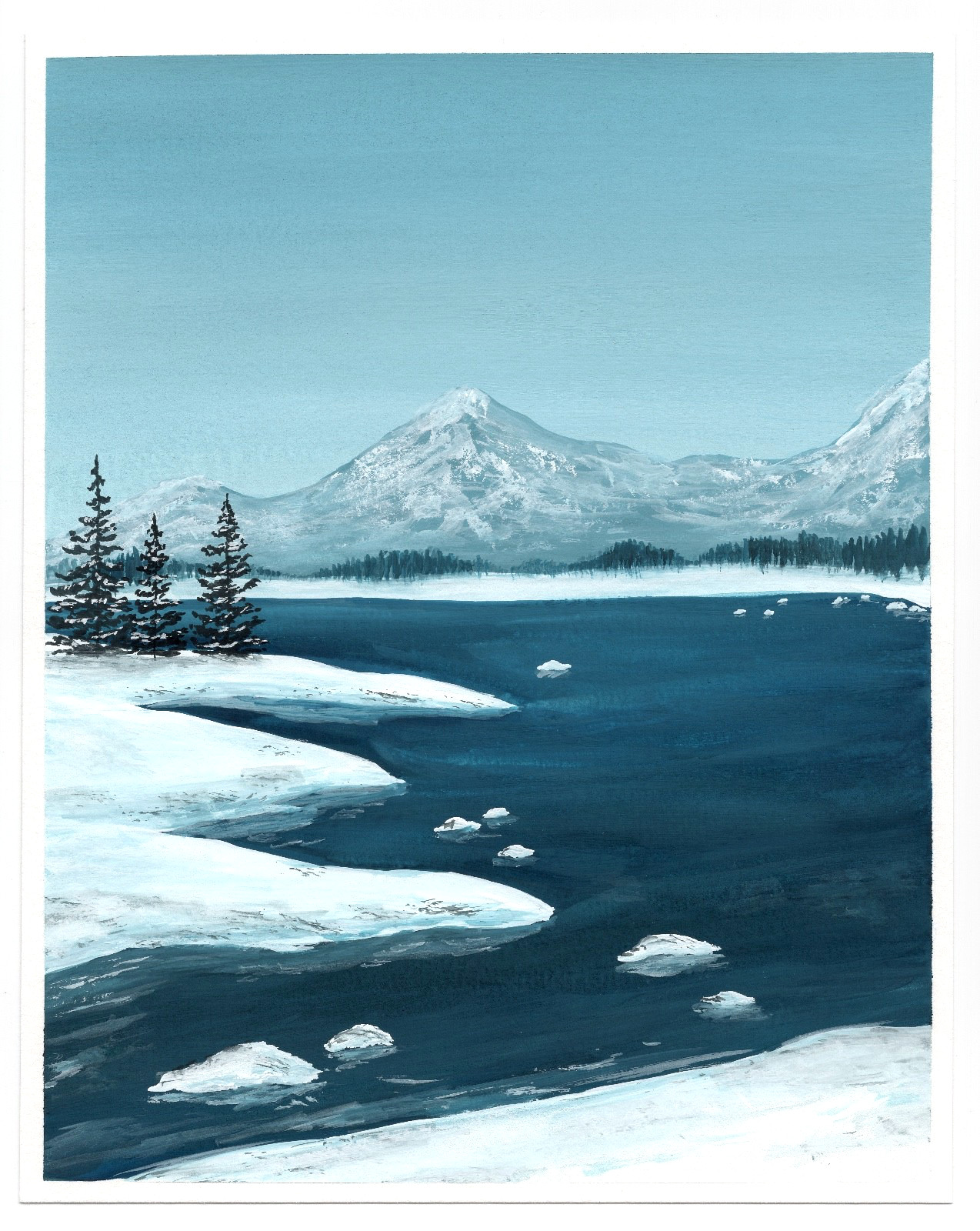 8×10 ORIGINAL Painting Peaceful Snowy Mountain Lake, Signed Calmly Create