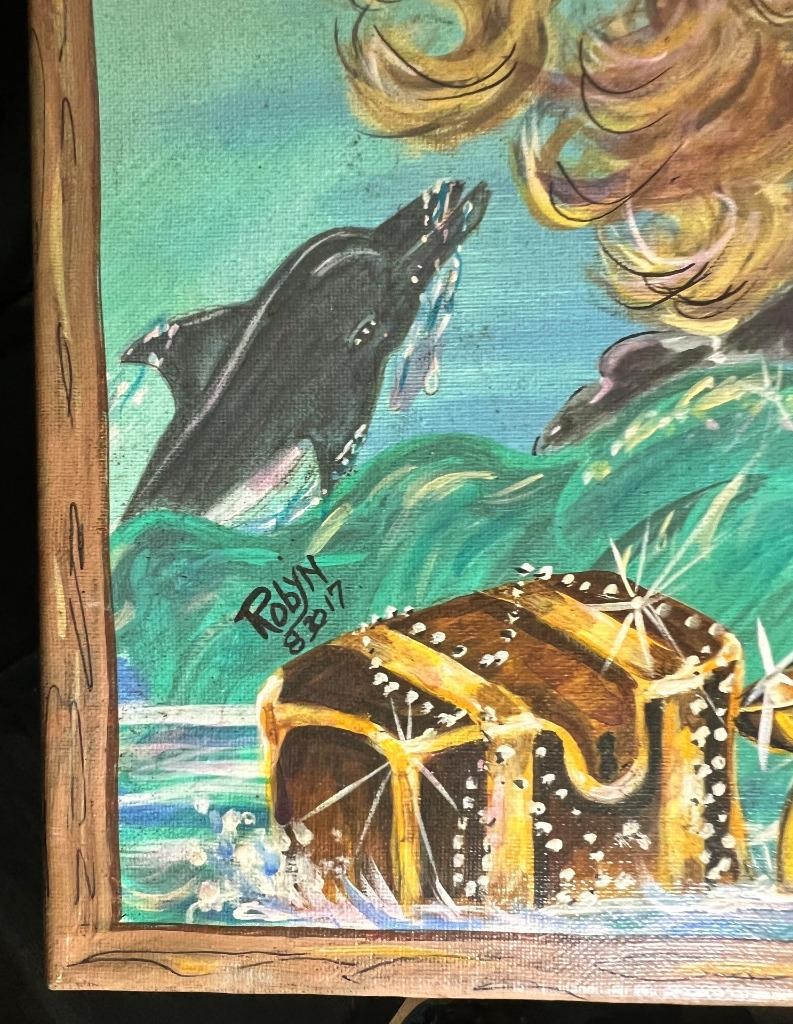 Vintage Nautical Coastal Beach Landscape Seascape Oil Painting Mermaid Dolphins
