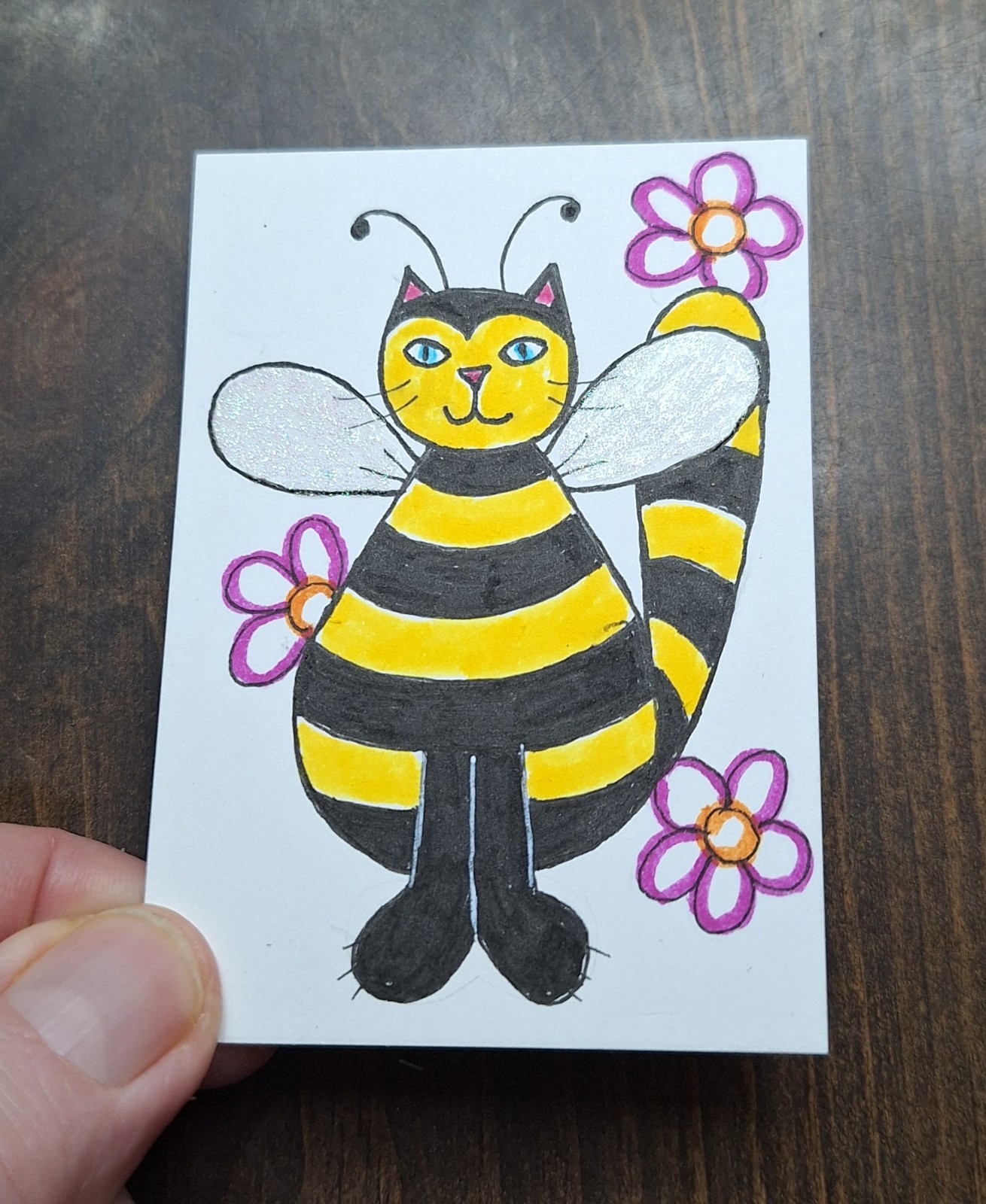 ACEO Original Bumblebee Cat Cartoon Watercolor Painting by Sandrajean Smith