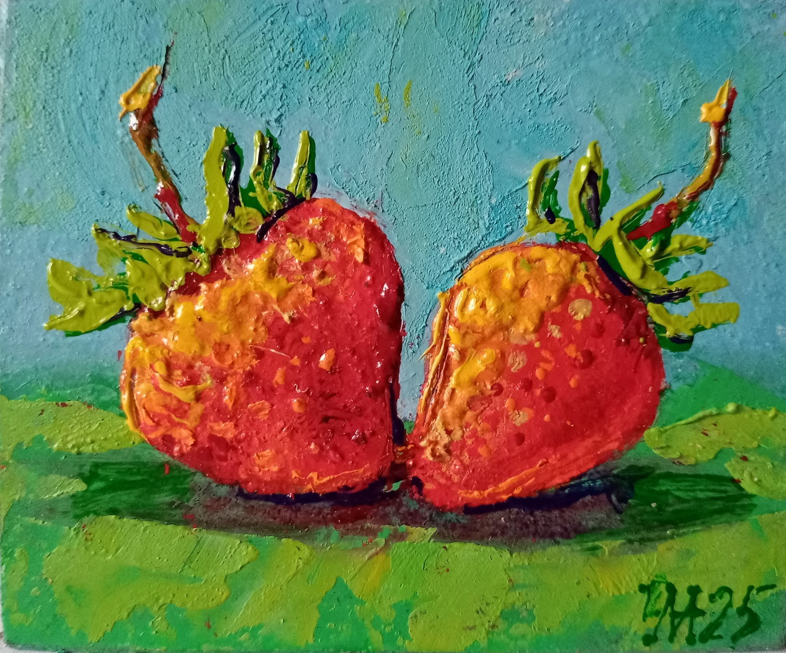 Strawberries Impasto Painting Original Art Impression Oil Painting 3.7 x 4.5 in