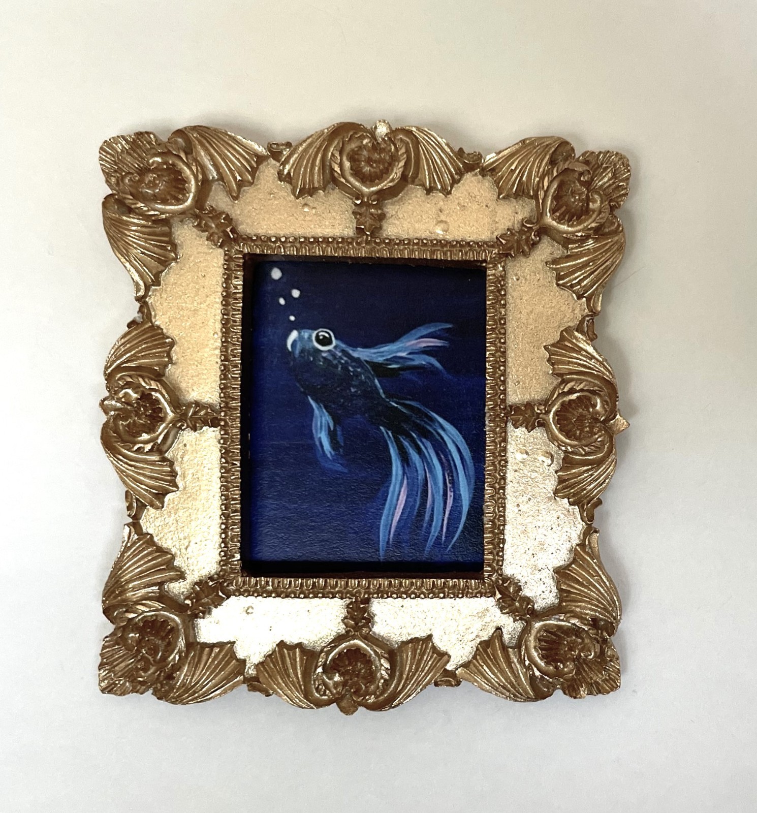 Gold Fish Framed Tiny Miniature Mini ART PRINT Gold Ornate Frame NOT ACEO