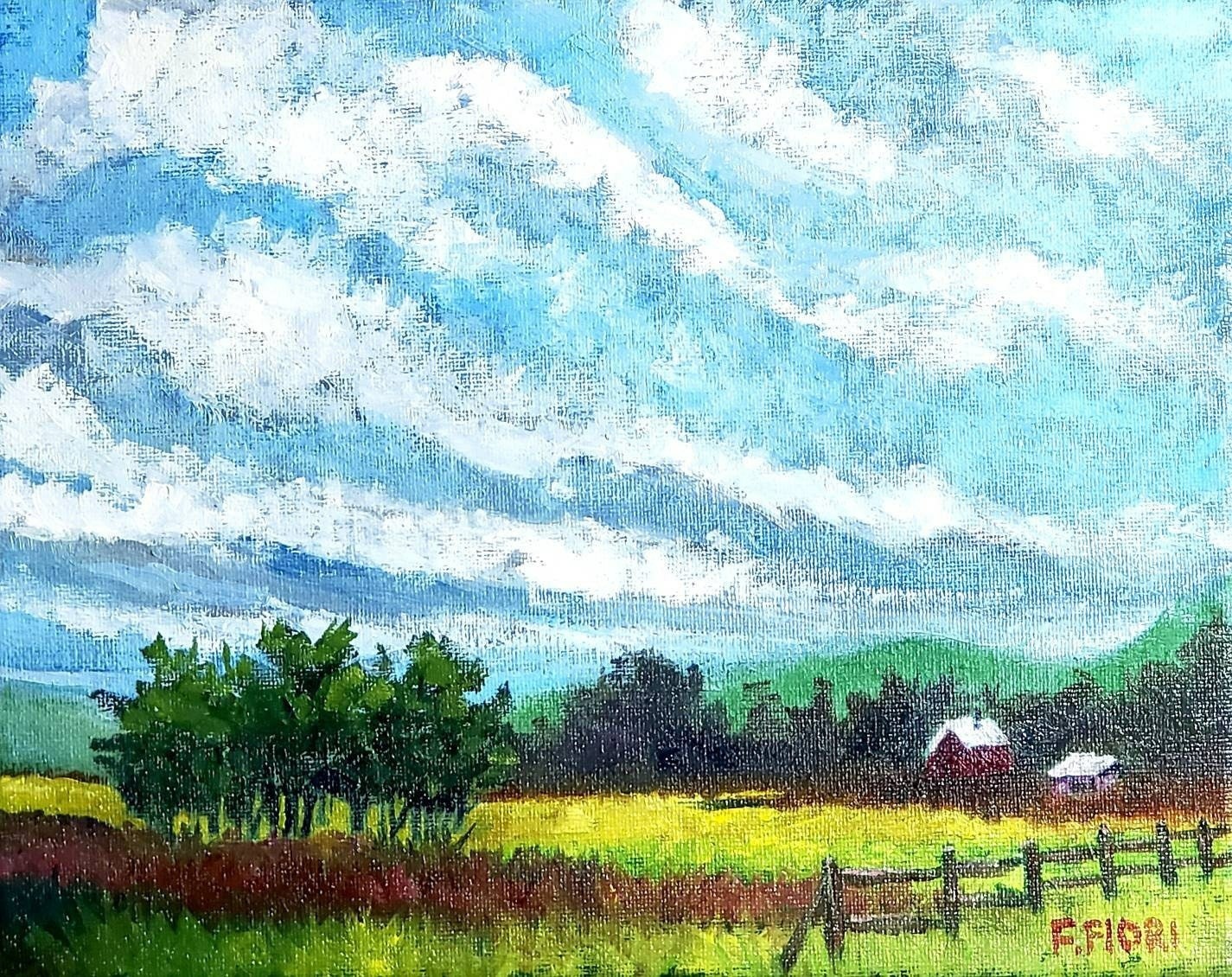 impressionist oil painting original landscape of ranch home with majestic skies
