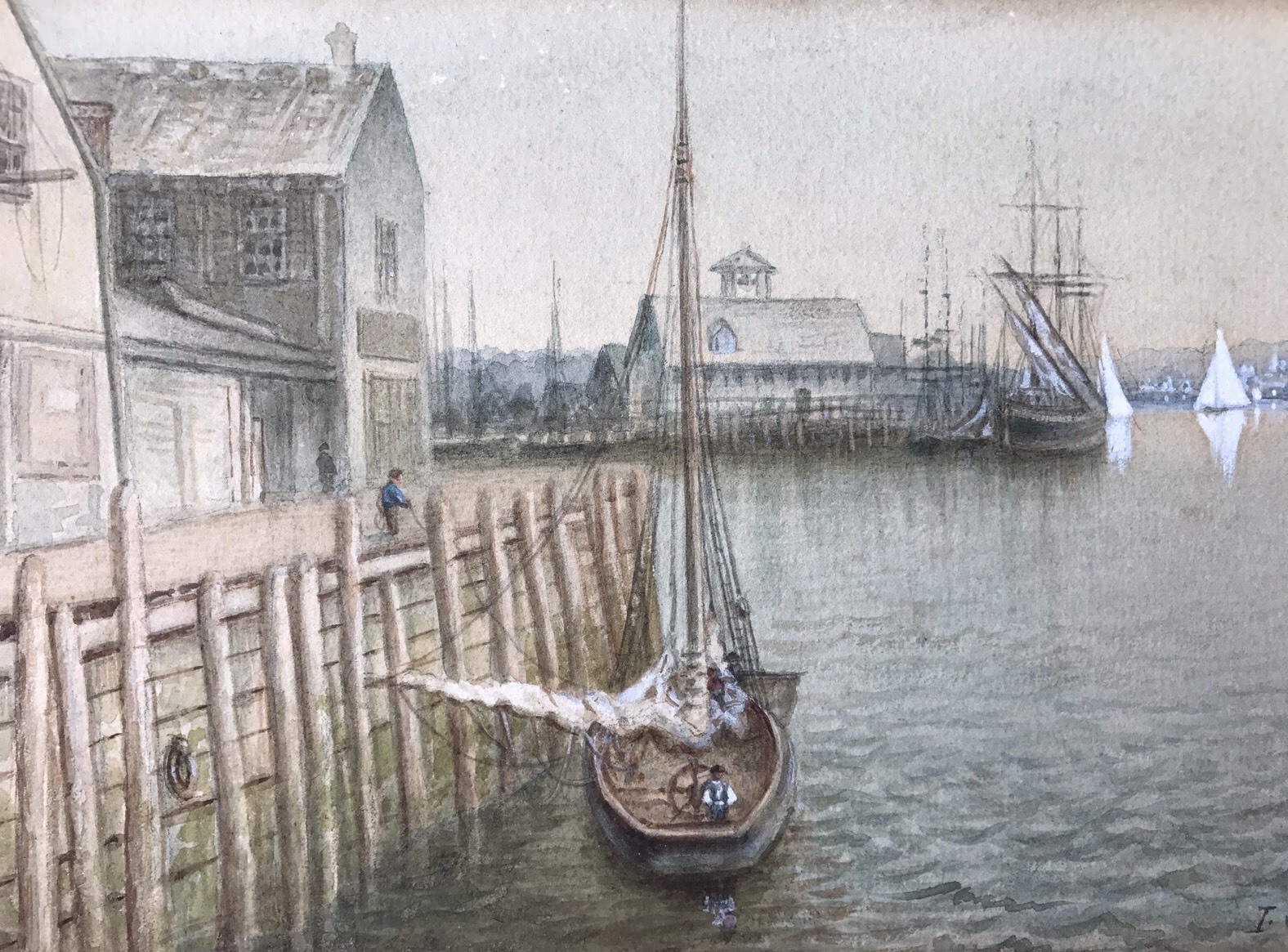 1894 New England Coastal Harbor Fishing Port Painting Boston Massachusetts Label