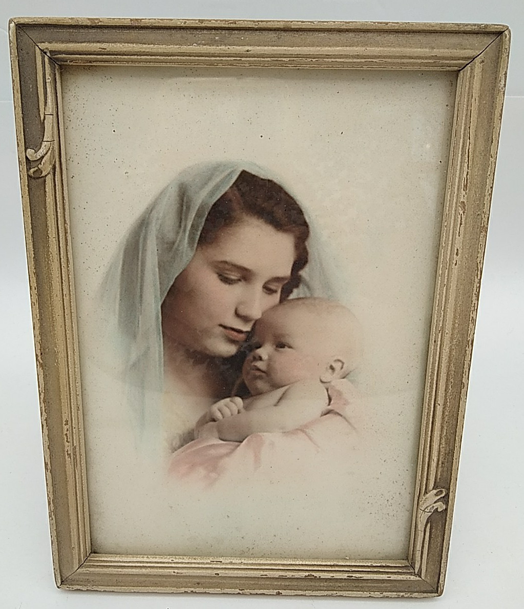 Beautiful Antique Framed Portrait of Woman and Baby -Madonna and child symbolism