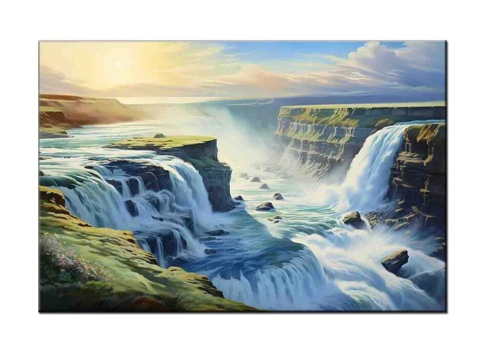Iceland Painting,Gullfoss waterfall Oil Painting Printed on canvas,Giclee Print