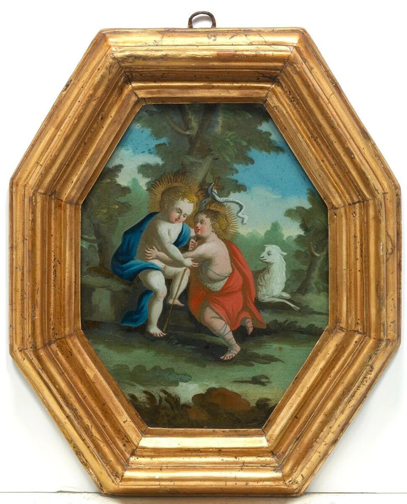 Vintage Antique 18th Century Baby Jesus, St. John the Baptist Reverse Oil Origin