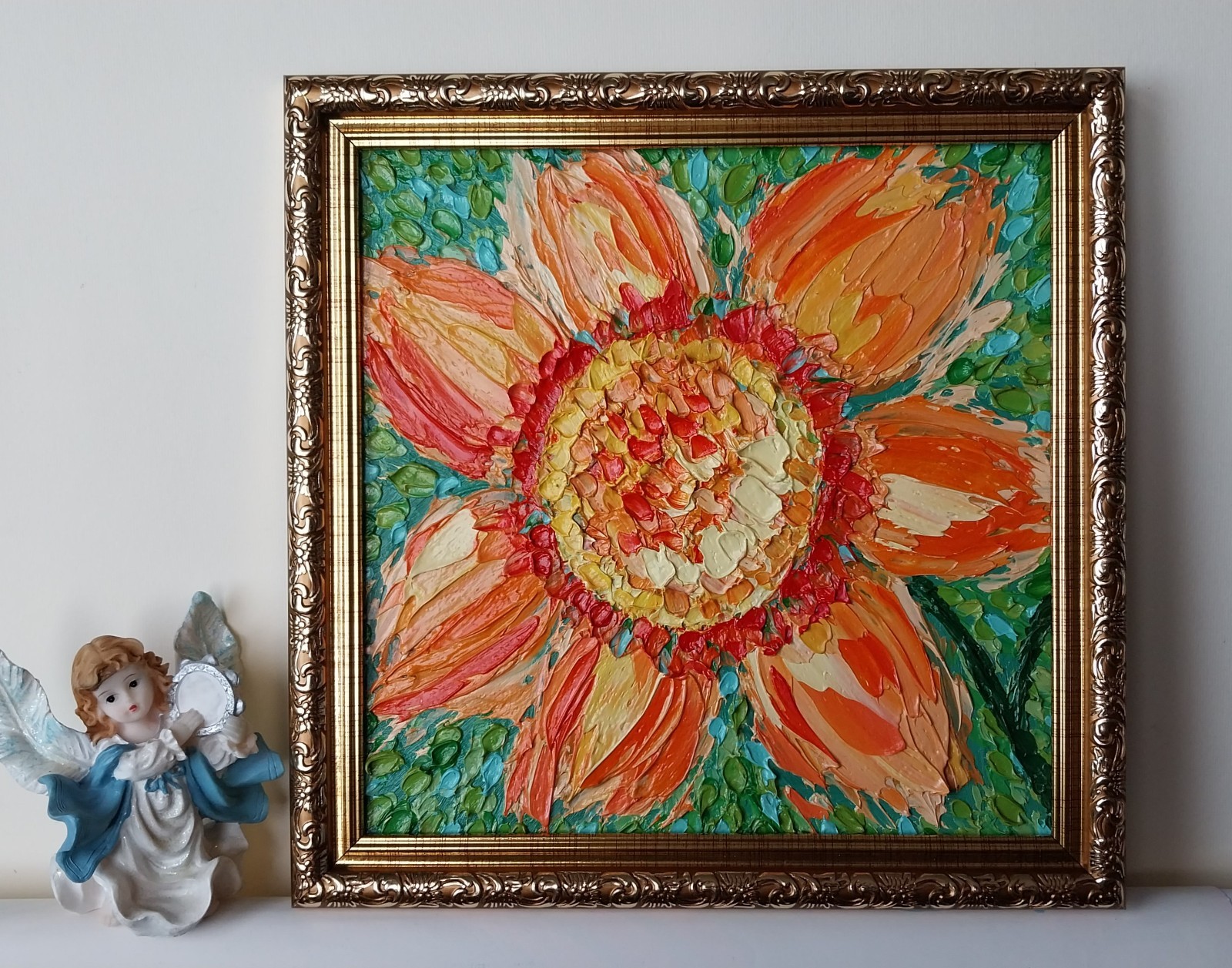 Framed Bright Sunflower Textured Flower Art 8×8” Impasto Oil Painting Original