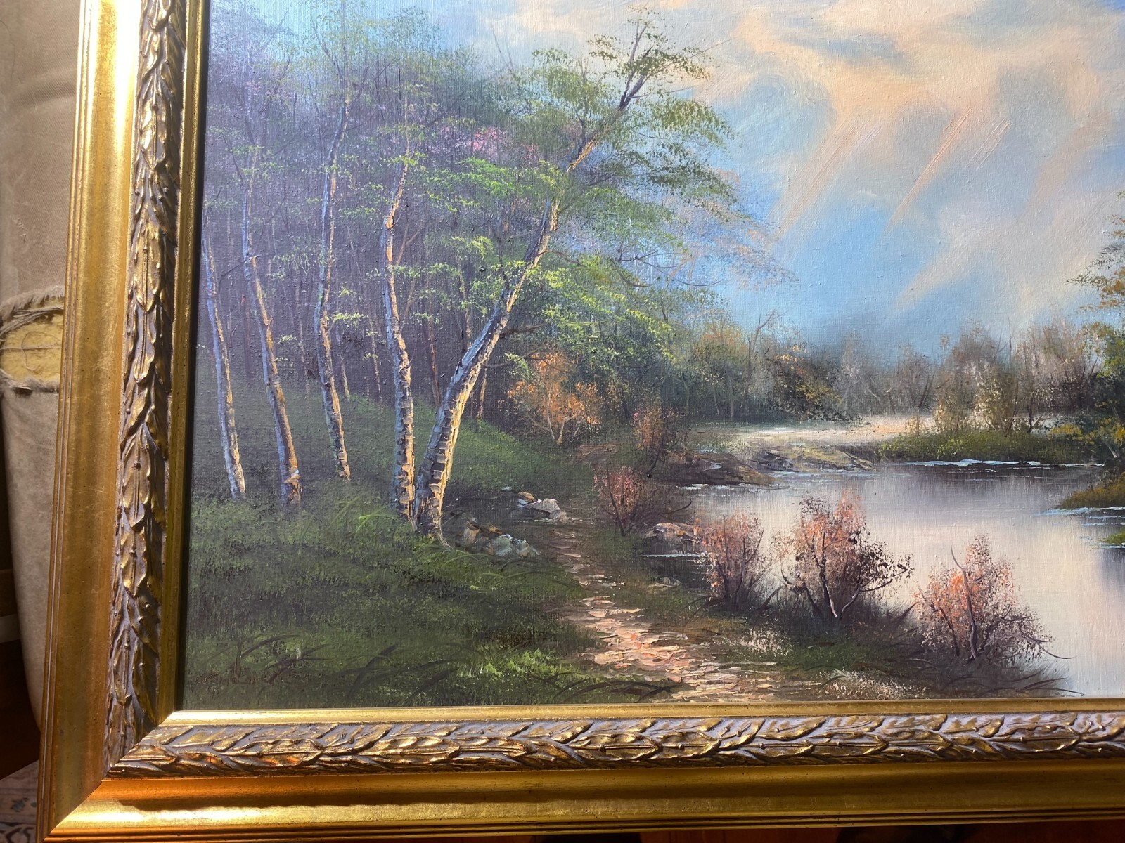 «River And Forest Landscape Scene» Oil On Canvas Painting – Framed