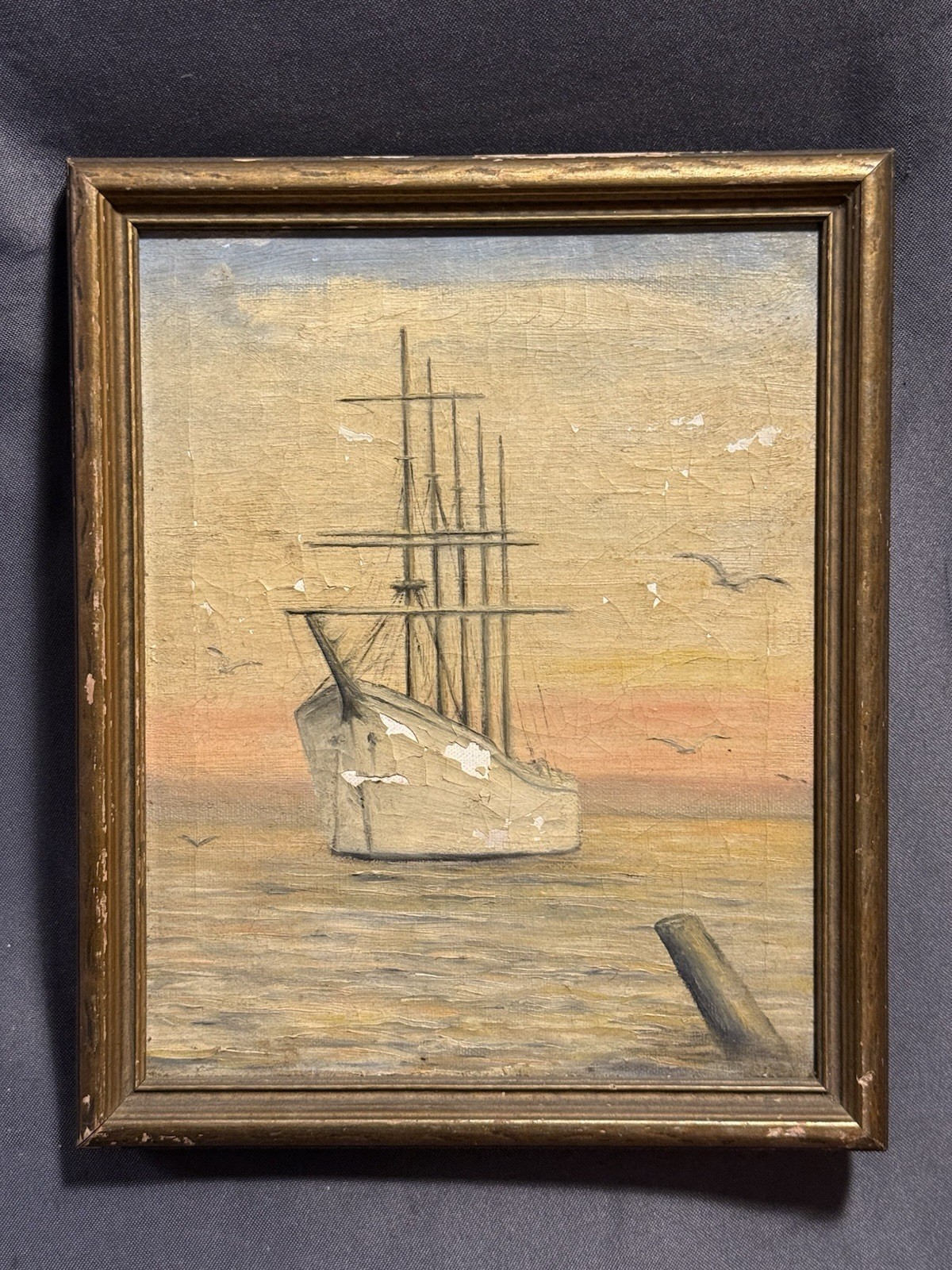 Small Antique Nautical Maritime Oil on Canvas Ship Painting