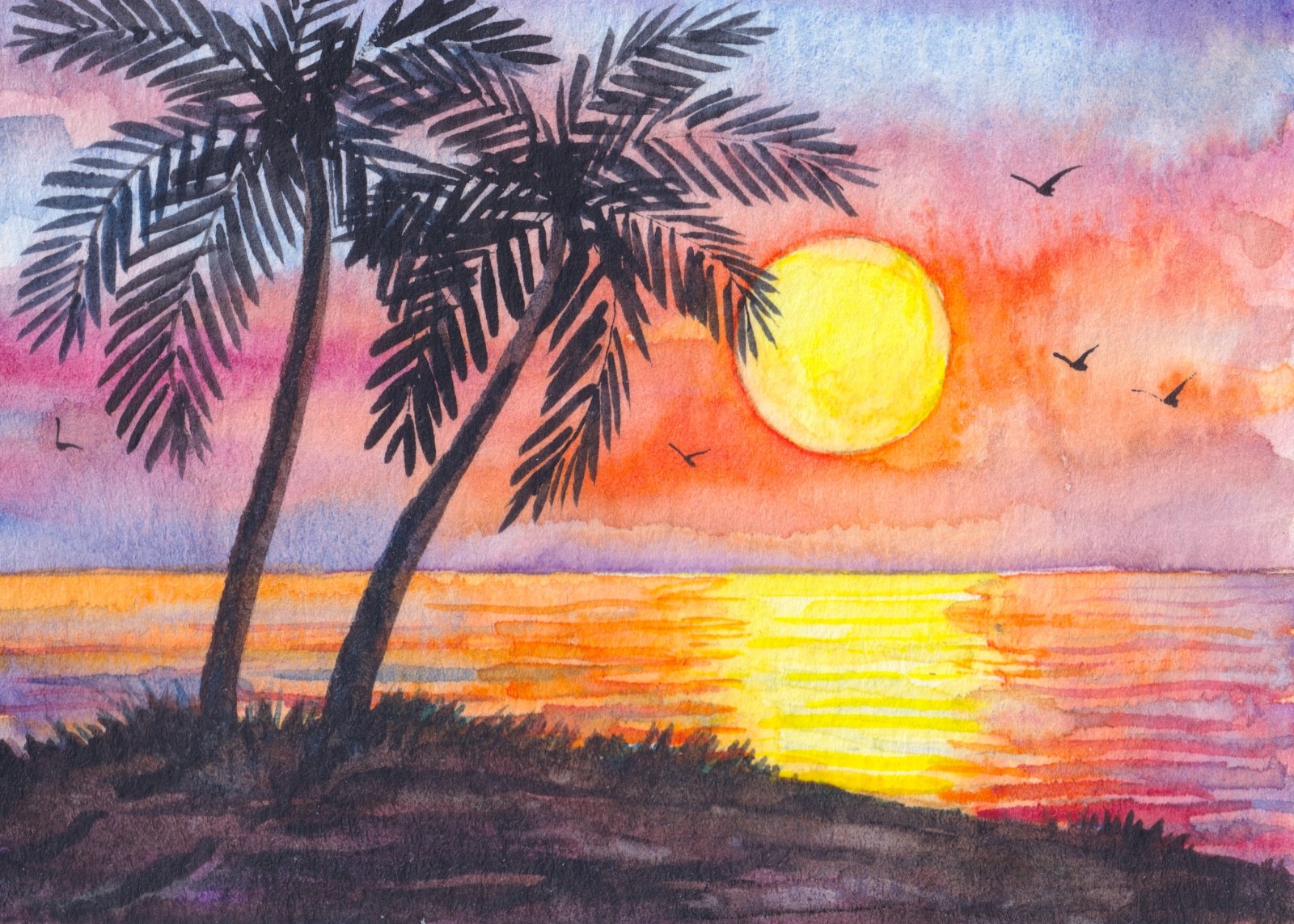 Watercolor Painting Seascape Sunset Ocean Island Palm Trees Nature ACEO Art