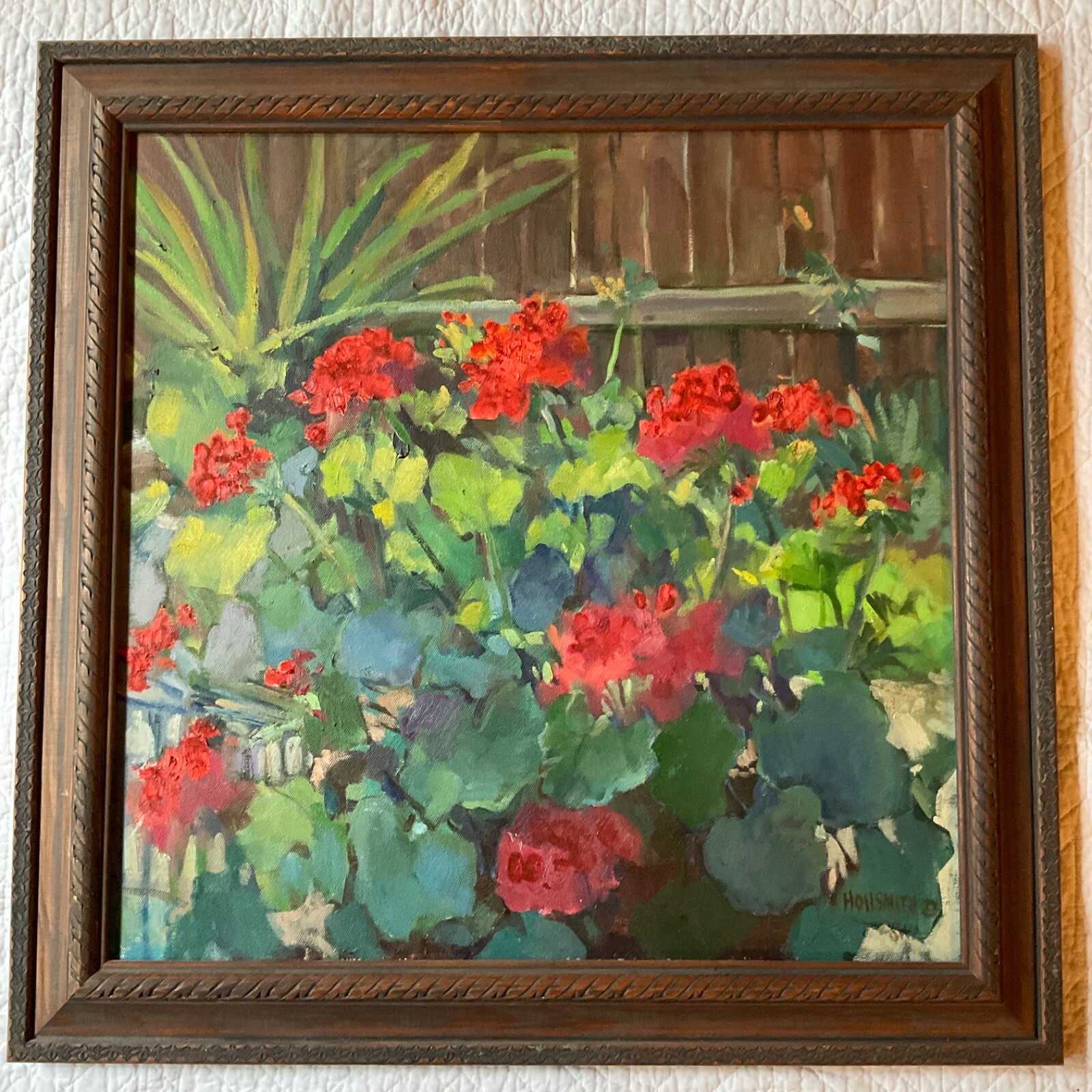 Flower floral hand painted original oil Painting by Hollsmith geraniums red