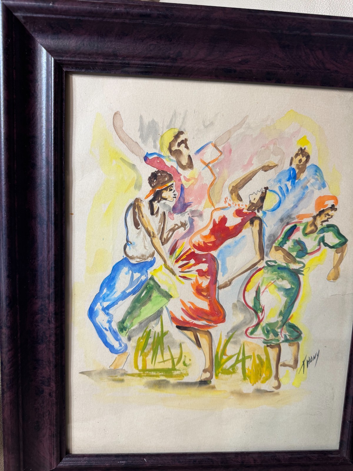 Vintage T Hony «Figures Dancing Scene» Watercolor Painting – Signed And Framed