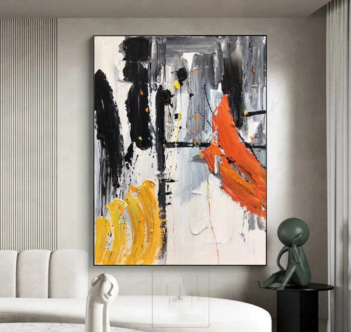 Black White Abstract Painting Yellow Handmade Orange Textured Wall Art