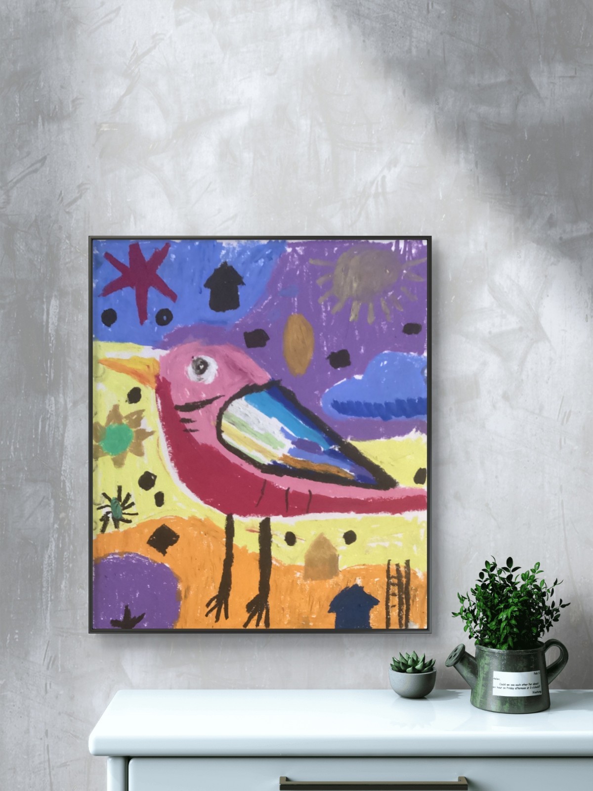 Abstract Messy Doodle Colorful Expressionism Blue Bird Art 11×14 on Paper