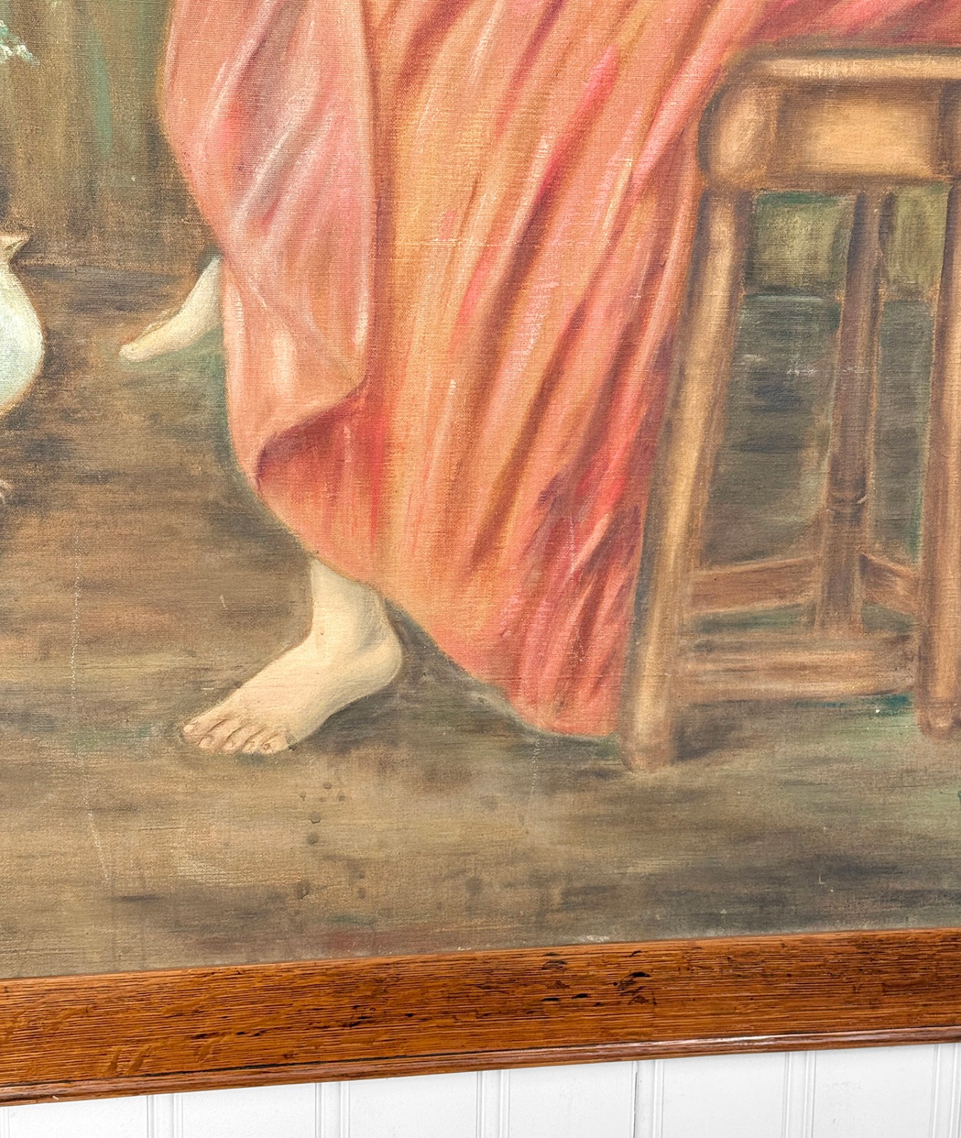 Antique Realism «Women in Pink Dress w/ Forest Doves» Oil on Canvas Painting