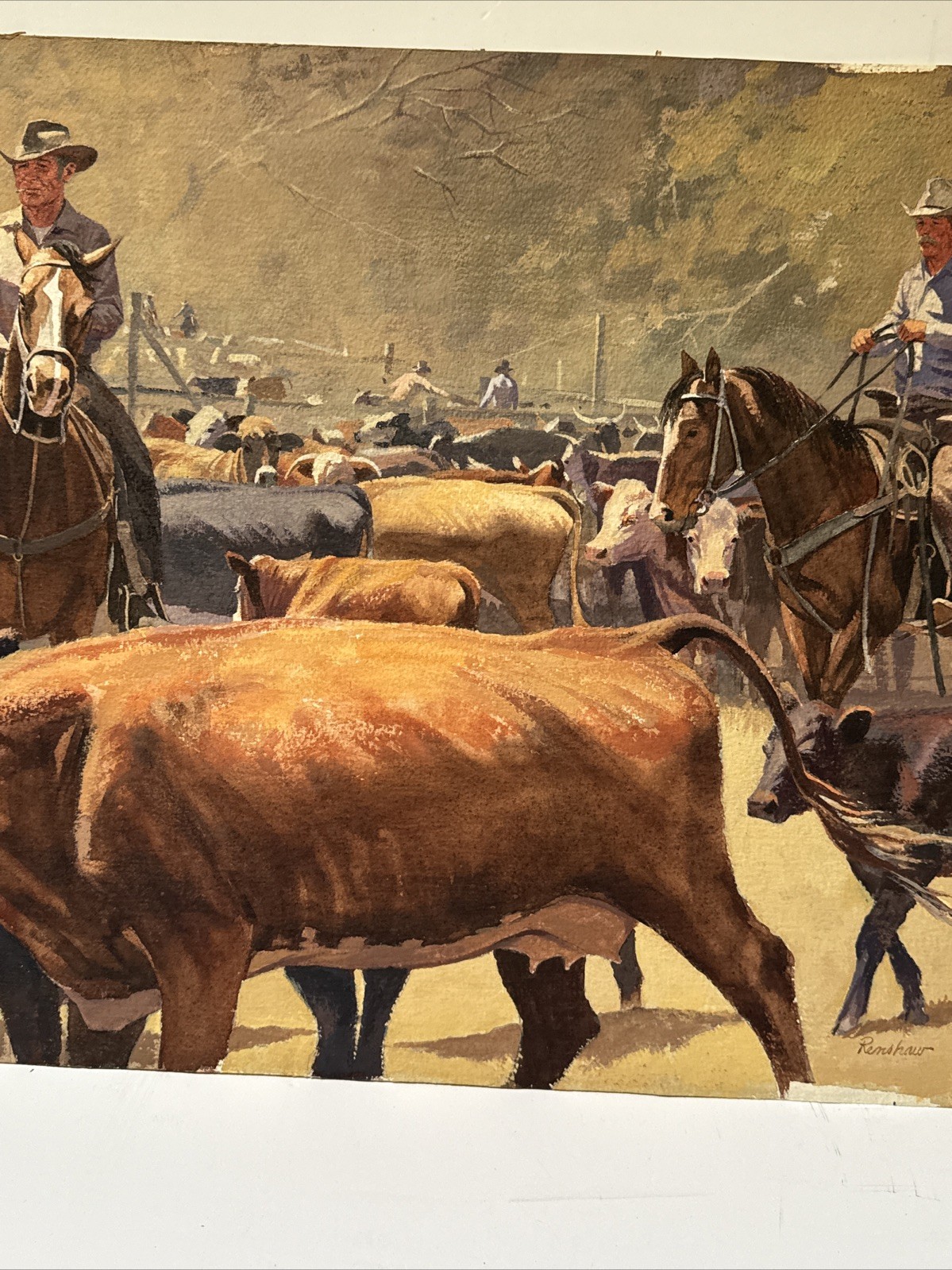 VINTAGE COWBOY PAINTING WESTERN RANCH COWBOYS FARM FARMING AMERICAN COWS