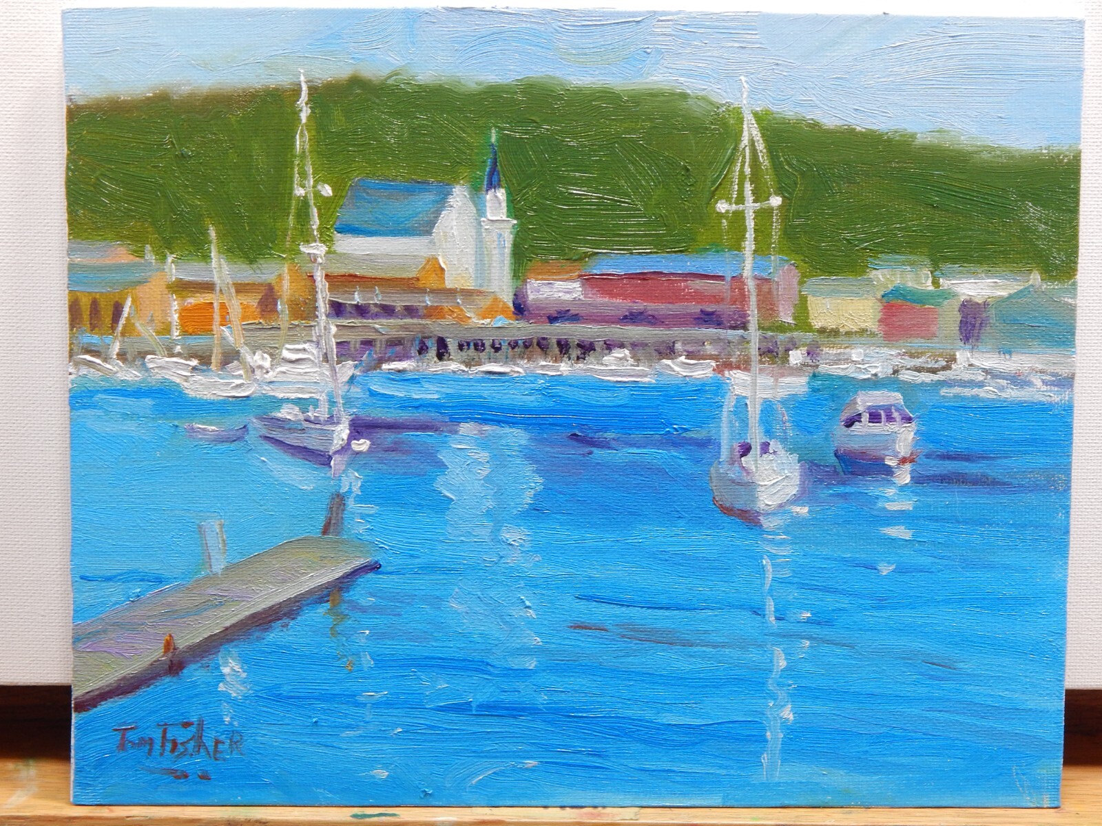harbor sail boats New England realistic Impressionism oil Painting landscape