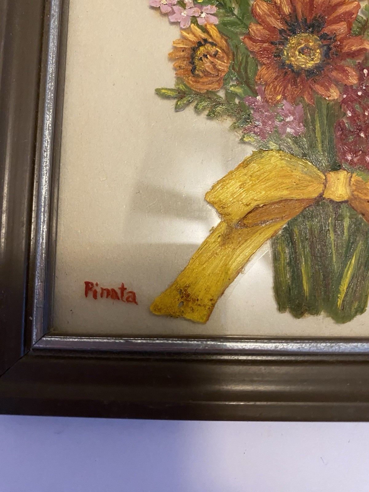 Vintage Framed Reverse Hand Painted Flowers on Glass Art with Butterfly