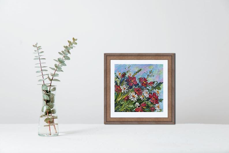 Small Original Flowers Painting – Affordable Wall Art Gift – Hand Painted 6×6 in