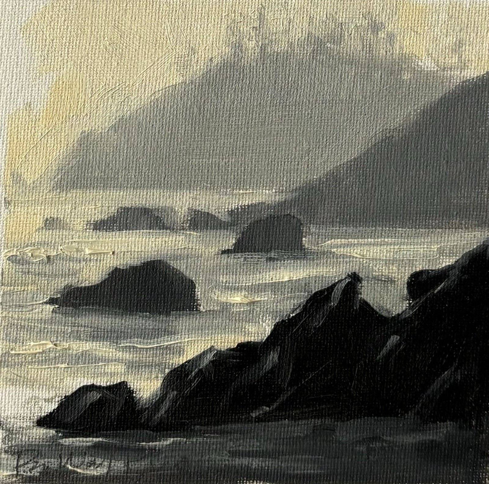 Oregon coast foggy seascape original oil painting by living artist. 5.5″x5.5″