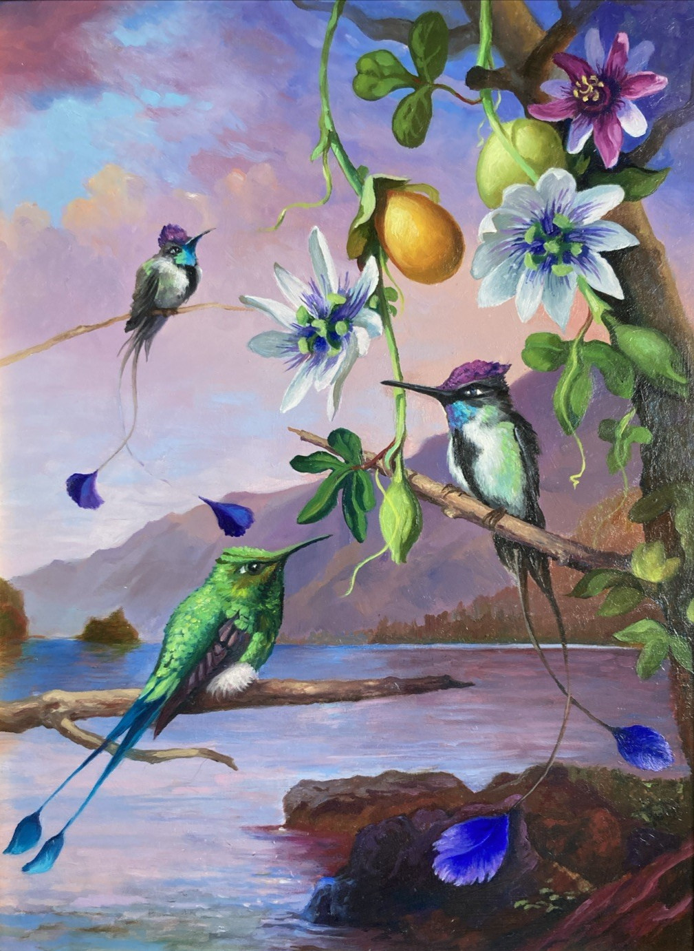 Vintage Original Acrylic Painting Exotic Birds Flowers Fruit Landscape Signed