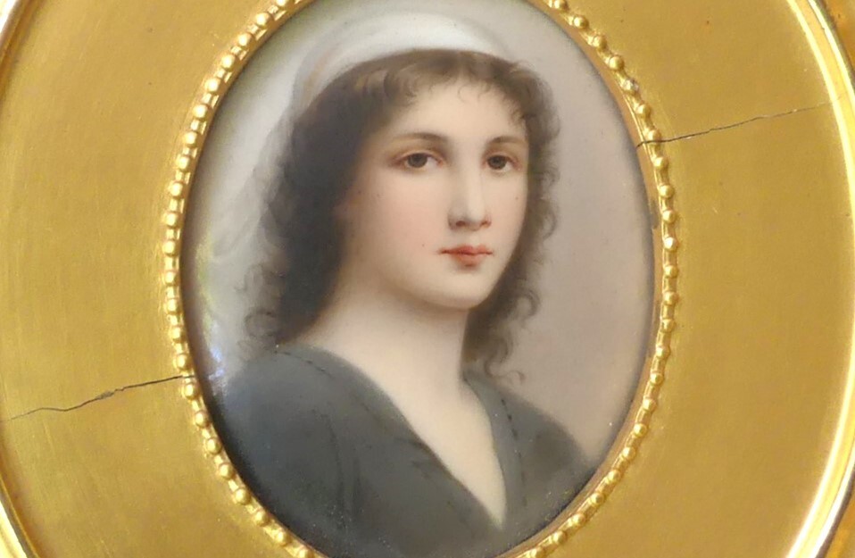 Hand Painted Porcelain Portrait Plaque of Ruth the Gleaner in Frame 19th century