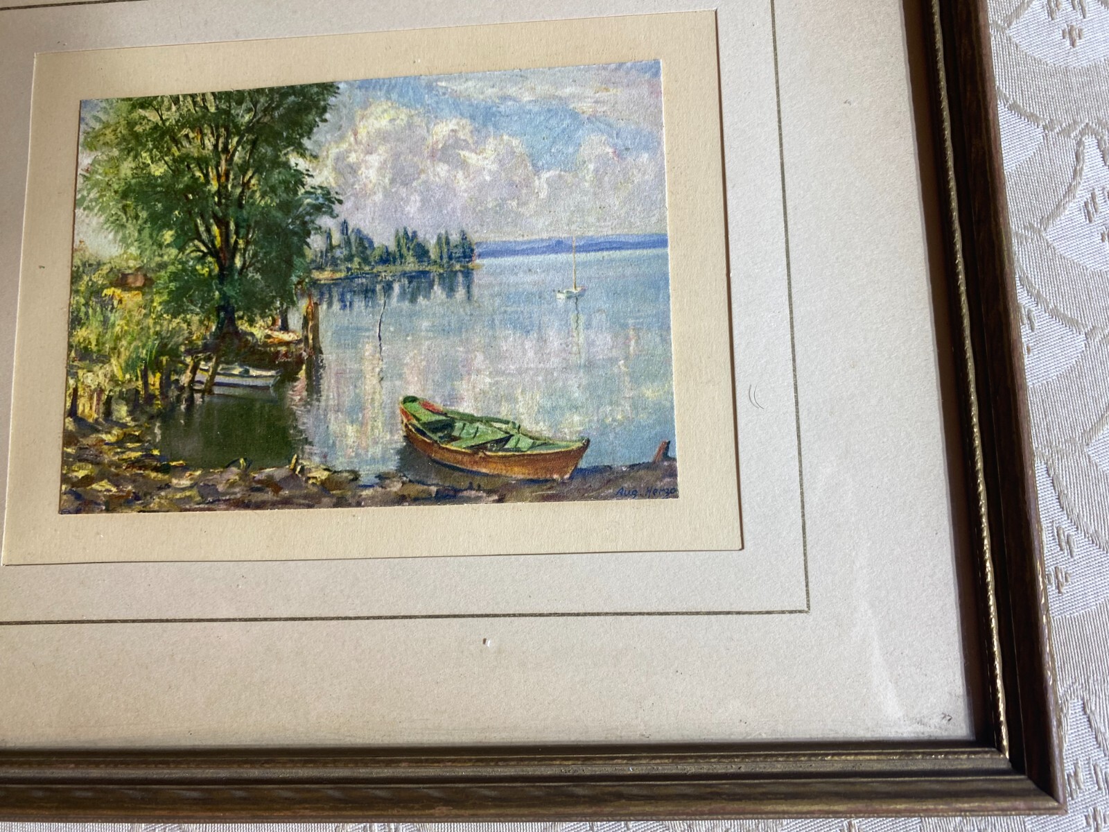 August Herzog (1885 – 1959) «Lakeside Scene» Oil Painting – Signed/Framed