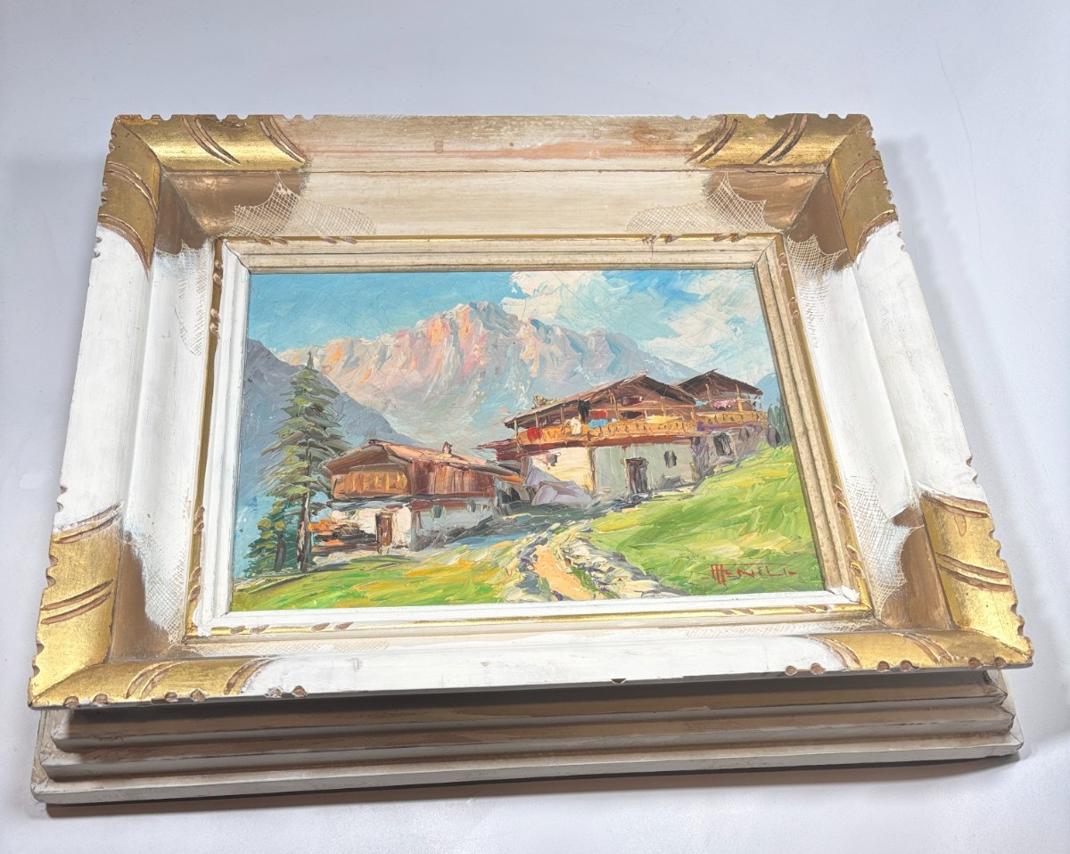 Original 1950s Antonio P Fenili Oil Painting Paesaggio Alpino Mountains Italy