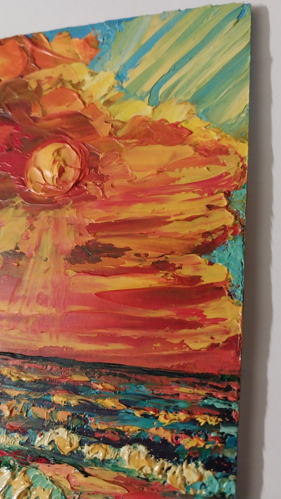 Framed Small Seascape Bright Sunset Sky Art 4×6” Impasto Original Oil Painting