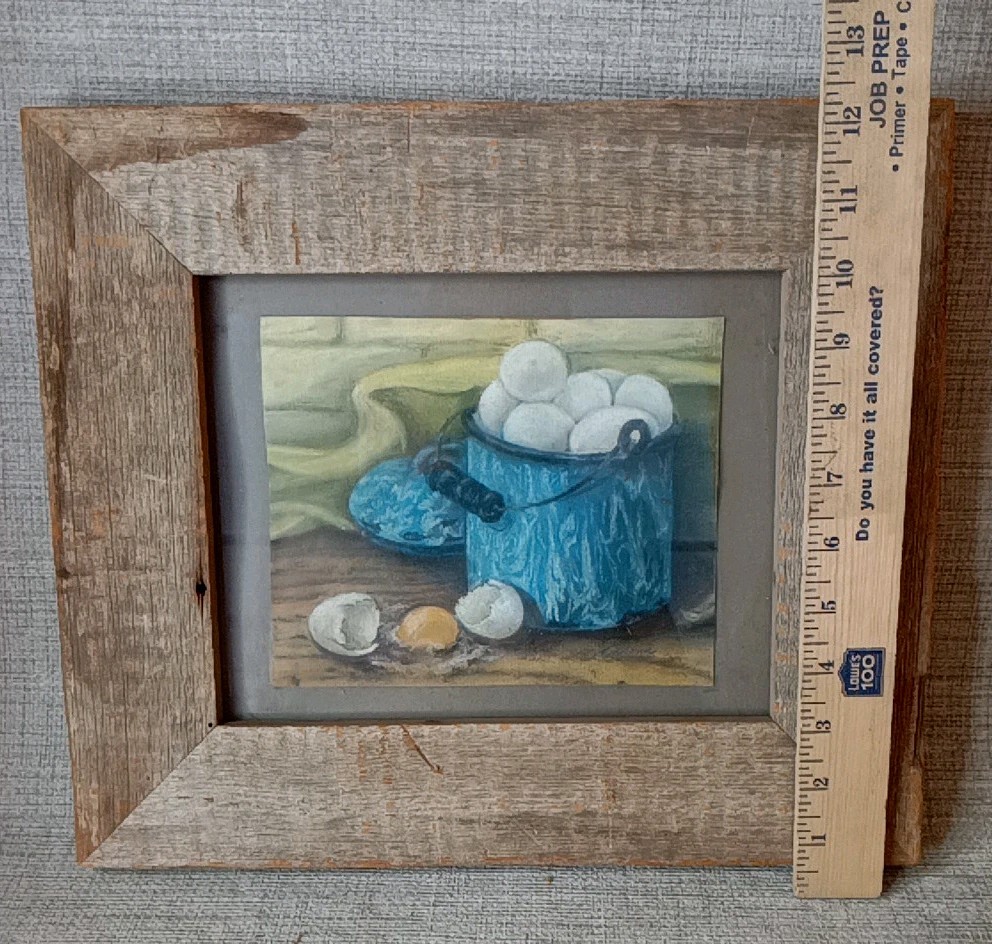 Antique Eggs in Blue Pot Primitive Still Life Folk Art Oil 11X14″ OOAK signed