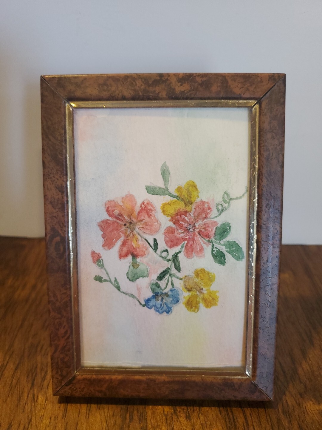 Vintage 1960-70s Floral Watercolor Floral Print Metal Frame Cottage Chic 3.5×5″