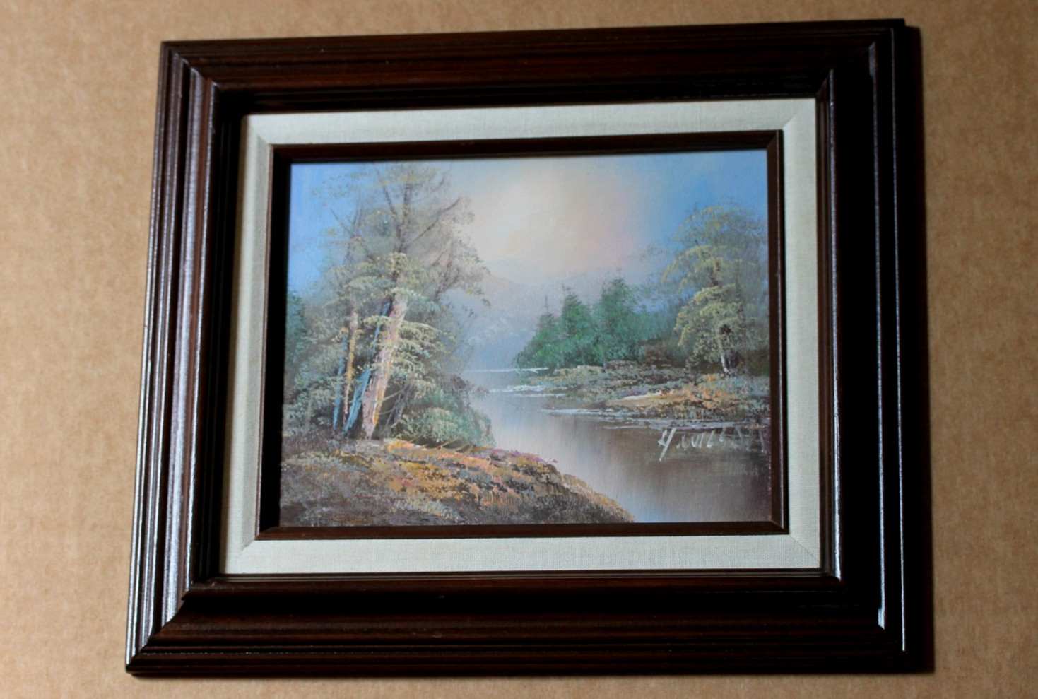 H. Wilson Vintage Landscape Framed Oil/Acrylic Painting 8×10″ Trees Water