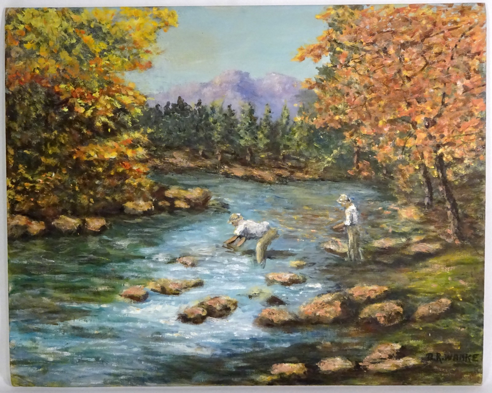 Vintage Autumn OIL PAINTING-PANNING FOR GOLD in the River-Signed-16″ x 20″