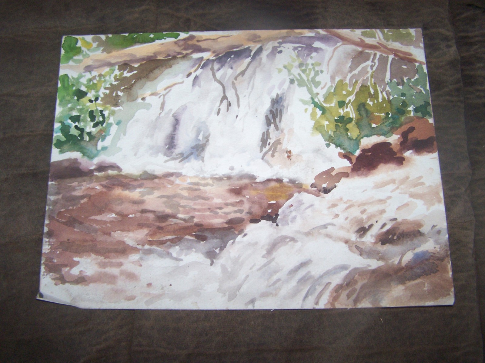 Original Watercolor By Peg Humphreys, Waterfalls with Fallen Tree Bridge 12″x9″