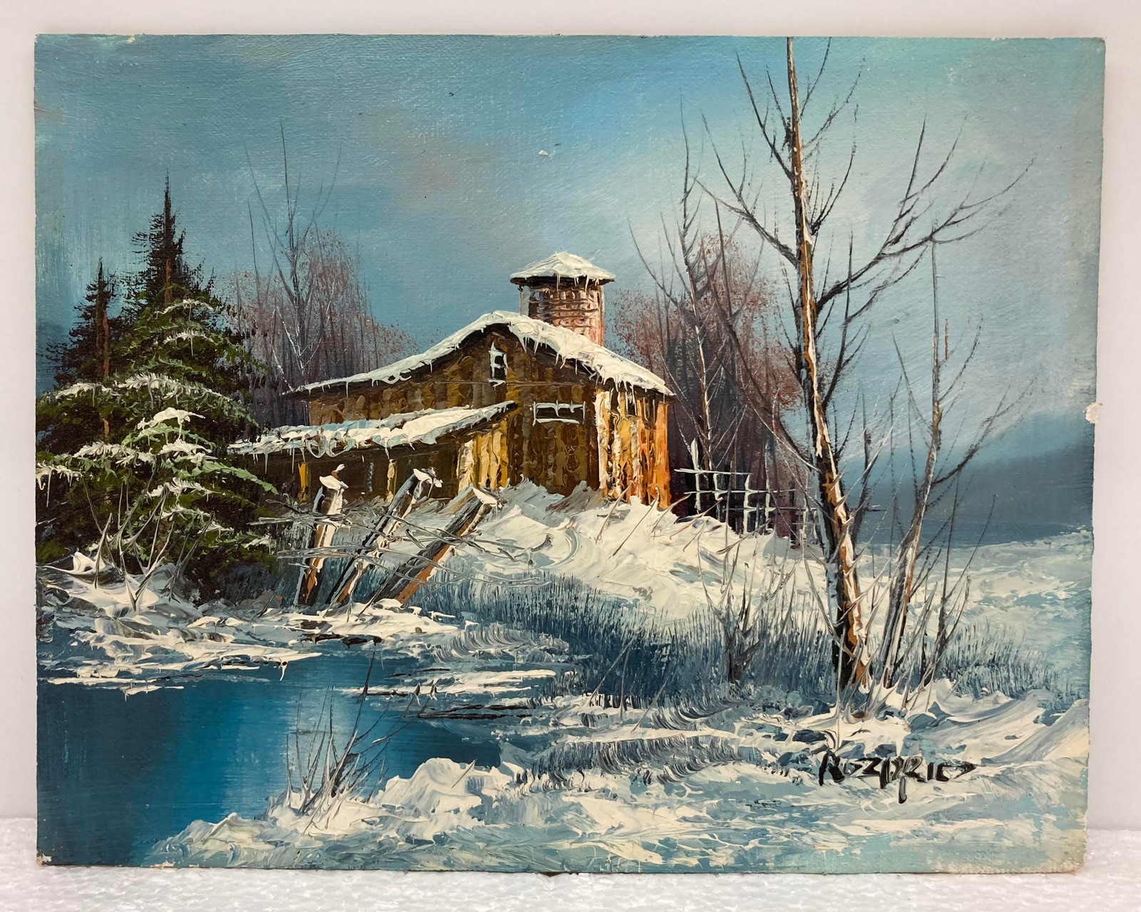 Vintage Winter Snow Scene Barn & Pond 10×8″ Painting on Wood Board by Rozario