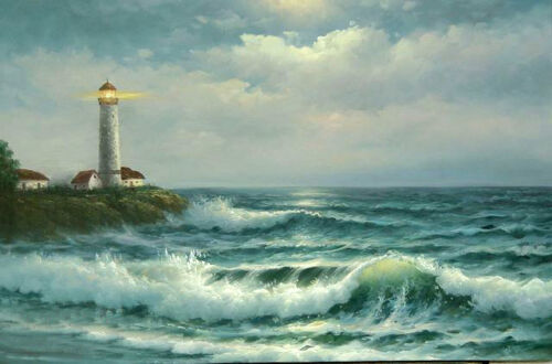 Art oil painting seascape lighthouse by the beach with sunset ocean waves canvas
