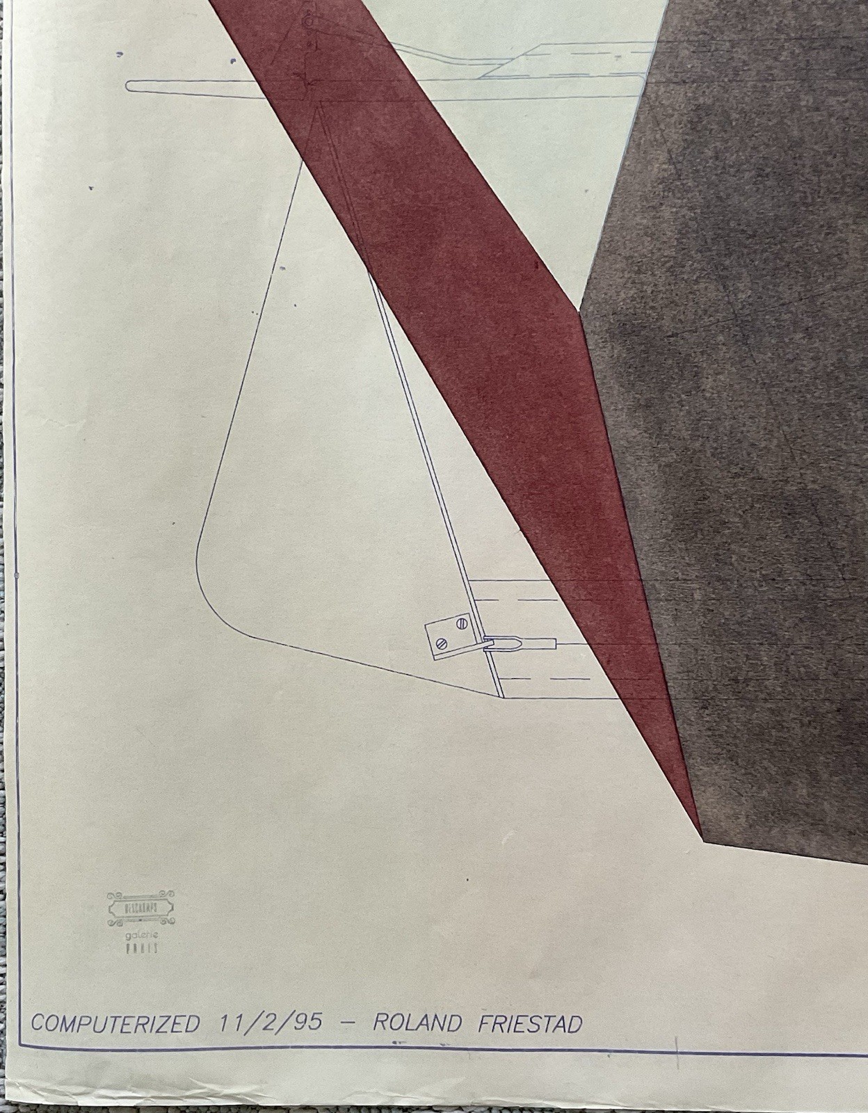 Mid-Century Modern Geometric Abstract Painting Vintage Aviation Blueprint Paper