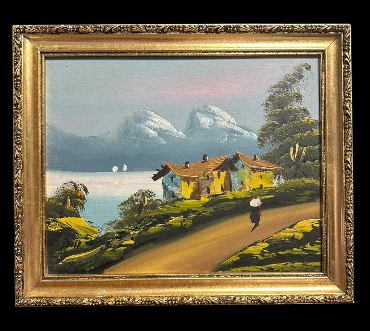 Vintage MCM Andean Folk Art Oil Painting Peruvian Village Gilded Gold Frame