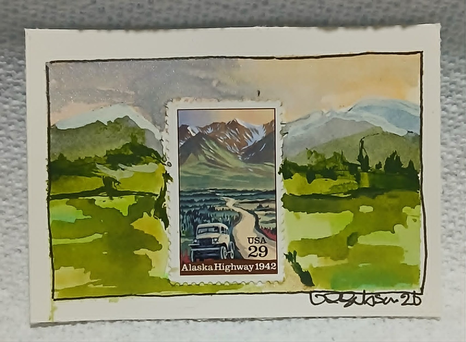 Postal Whimsy OOAK Alaska Highway 29¢ Stamp ACEO Landscape Art by Virginia