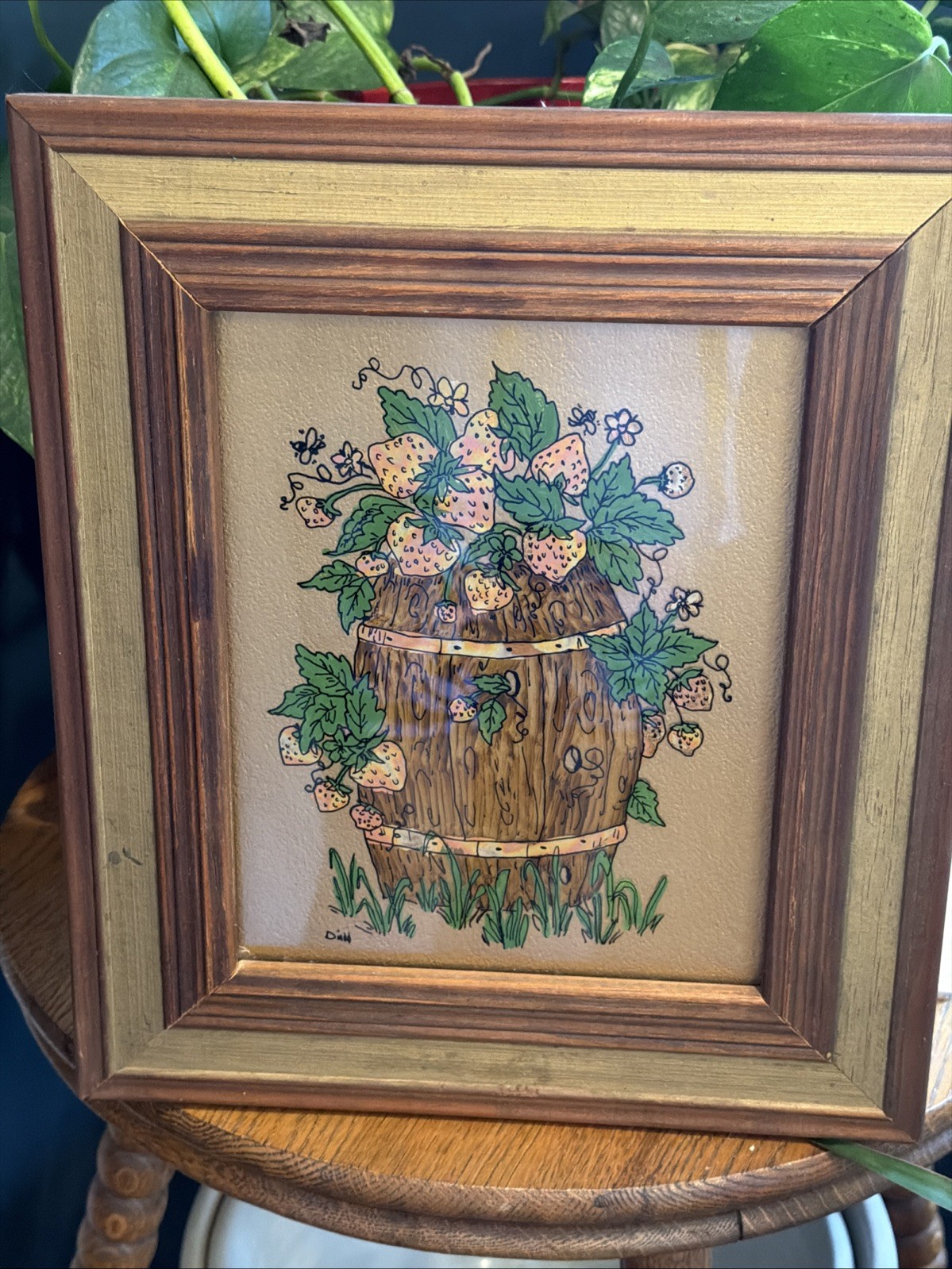 VTG 60s 70s Reverse Painting Of Strawberries In Barrel On Glass Grannycore