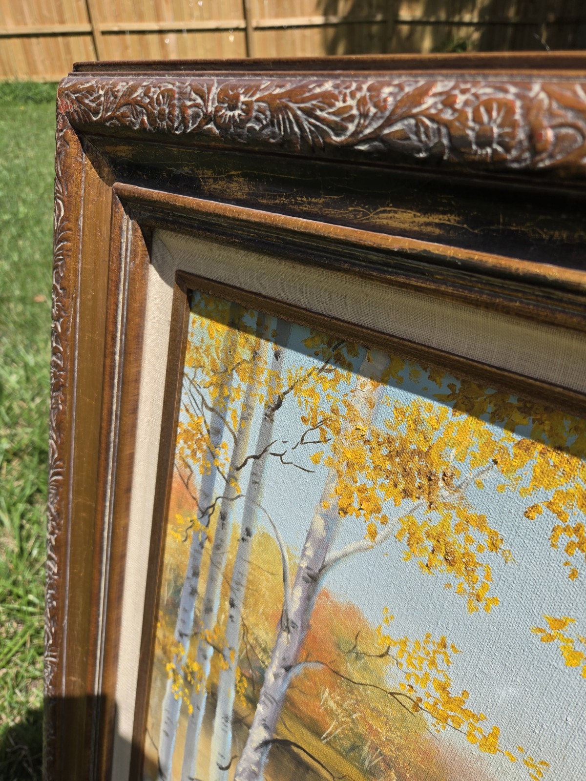 Vintage Original Oil Painting Birch Trees Autumn Forest Signed Ornate Wood Frame