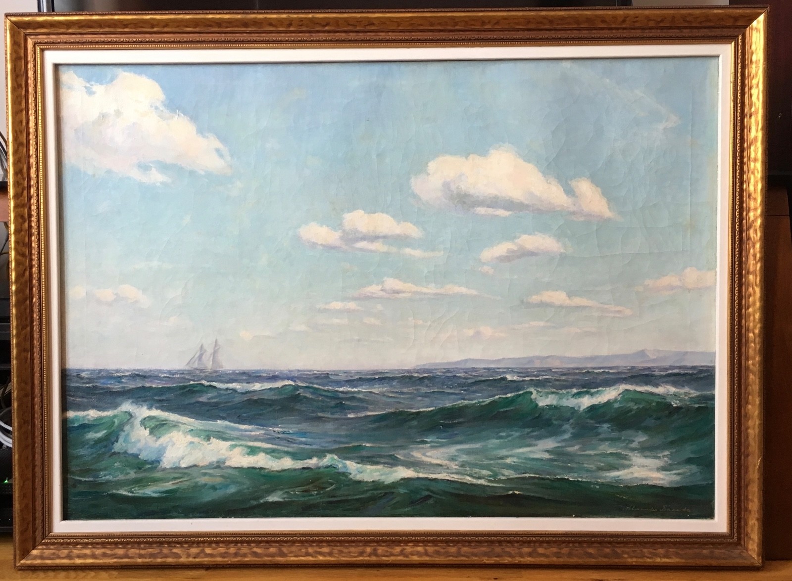Landscape painting seas with a ship on the horizon Oil on canvas 20th C